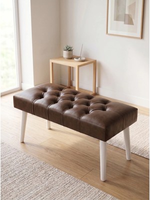 Azra Mobilya Modern Kapitoneli Acı Kahve Deri Kumaş Bench Puf Oturma Bankı Ahşap Beyaz Ayaklı Demonte 90X45