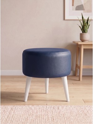 Azra Mobilya Modern Lacivert Deri Puf Tabure Ahşap Beyaz Ayaklı Yuvarlak Puf 40X42 cm