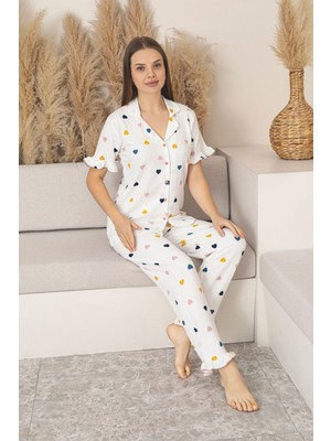 Asel Kadın Boydan Düğmeli Likralı Bürümcük Kumaş Kısa Kollu Pijama Takımı