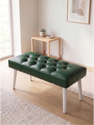 Azra Mobilya Modern Kapitoneli Yeşil Deri Kumaş Bench Puf Oturma Bankı Ahşap Beyaz Ayaklı Demonte 90X45