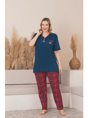 Asel Büyük Beden Kısa Kol Pamuklu Likralı Pijama Takımı