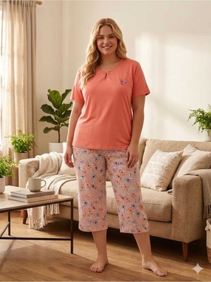 Asel Büyük Beden Kısa Kol Kapri Likralı Penye Pijama Takımı