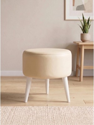 Azra Mobilya Modern Krem Deri Puf Tabure Ahşap Beyaz Ayaklı Yuvarlak Puf 40X42 cm