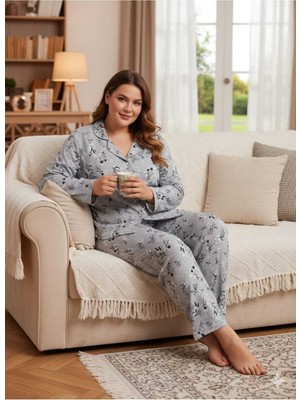 Asel Büyük Beden Uzun Kollu Boydan Düğmeli Milan Pijama Takımı