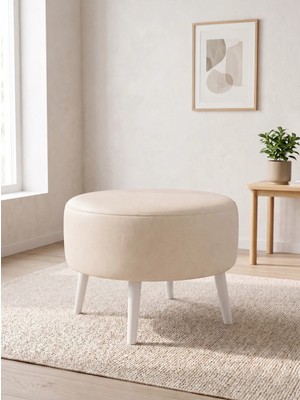 Azra Mobilya Modern Krem Deri Puf Yuvarlak Oturma Pufu Ahşap Beyaz Ayaklı Demonte 60X46 cm