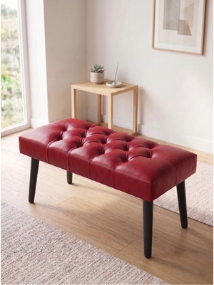 Azra Mobilya Modern Kapitoneli Kırmızı Deri Kumaş Bench Puf Oturma Bankı Ahşap Siyah Ayaklı Demonte 90X45