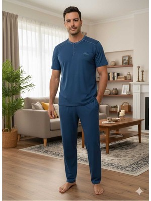 Asel Erkek Kısa Kollu Cepli Likralı Penye Kumaş Pijama Takımı