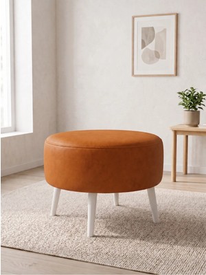 Azra Mobilya Modern Taba Deri Puf Yuvarlak Oturma Pufu Ahşap Beyaz Ayaklı Demonte 60X46 cm