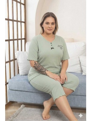 Asel Büyük Beden Kısa Kol Kapri Pamuklu Likralı Pijama Takımı