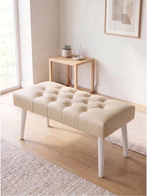 Azra Mobilya Modern Kapitoneli Krem Deri Kumaş Bench Puf Oturma Bankı Ahşap Beyaz Ayaklı Demonte 90X45