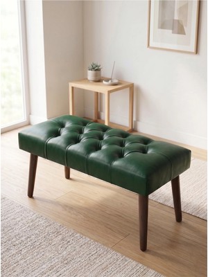 Azra Mobilya Modern Kapitoneli Yeşil Deri Kumaş Bench Puf Oturma Bankı Ahşap Ceviz Ayaklı Demonte 90X45