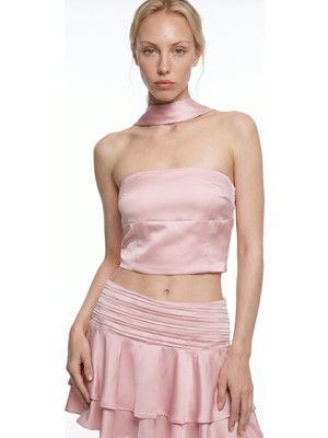Quzu Choker Detaylı Saten Straplez Crop Büstiyer  - Pudra Pudra - M