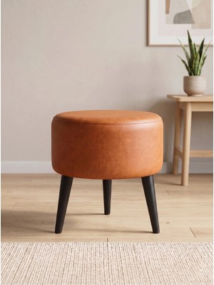 Azra Mobilya Modern Taba Deri Puf Tabure Ahşap Siyah Ayaklı Yuvarlak Puf 40X42 cm