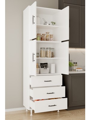 Aeka AE-3020 Irmak Beyaz/beyaz 4 Kapaklı Çok Amaçlı Dolap 3 Çekmeceli Raflı Mutfak Kiler Banyo 195X63X35 Çok Amaçlı Dolap