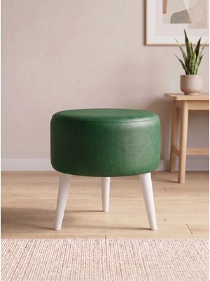 Azra Mobilya Modern Yeşil Deri Puf Tabure Ahşap Beyaz Ayaklı Yuvarlak Puf 40X42 cm