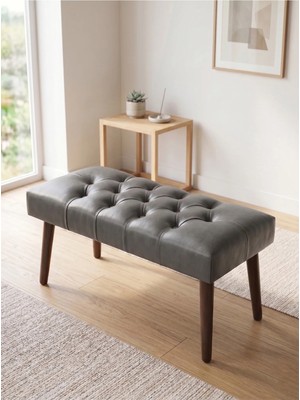 Azra Mobilya Modern Kapitoneli Gri Deri Kumaş Bench Puf Oturma Bankı Ahşap Ceviz Ayaklı Demonte 90X45