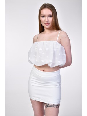 Kinzi Çiçekli Crop Bluz  - Beyaz Beyaz - Xl