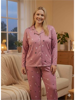 Asel Büyük Beden Uzun Kollu Boydan Düğmeli Milan Pijama Takımı
