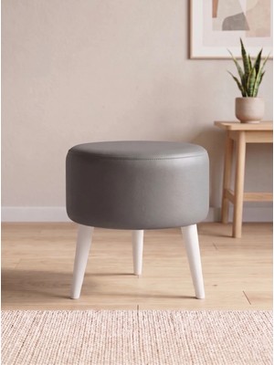 Azra Mobilya Modern Gri Deri Puf Tabure Ahşap Beyaz Ayaklı Yuvarlak Puf 40X42 cm