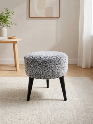 Azra Mobilya Kırçıllı Gri Welsoft Kumaş Yuvarlak Puf Ahşap Ayaklı Demonte Modern Puf Tabure 40X42 cm
