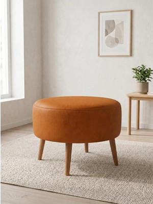 Azra Mobilya Modern Taba Deri Puf Yuvarlak Oturma Pufu Ahşap Ceviz Ayaklı Demonte 60X46 cm
