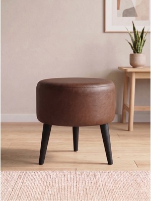 Azra Mobilya Modern Acı Kahve Deri Puf Tabure Ahşap Siyah Ayaklı Yuvarlak Puf 40X42 cm