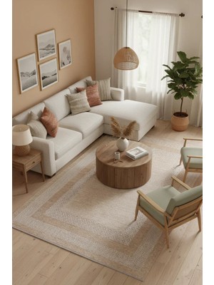 Pera Halı Beyaz Bej Modern Yıkanabilir Antibakteriyel Salon Halısı - YO11543B