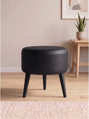 Azra Mobilya Modern Siyah Deri Puf Tabure Ahşap Siyah Ayaklı Yuvarlak Puf 40X42 cm