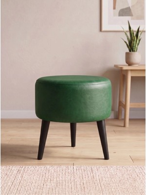 Azra Mobilya Modern Yeşil Deri Puf Tabure Ahşap Siyah Ayaklı Yuvarlak Puf 40X42 cm