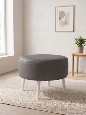 Azra Mobilya Modern Gri Deri Puf Yuvarlak Oturma Pufu Ahşap Beyaz Ayaklı Demonte 60X46 cm
