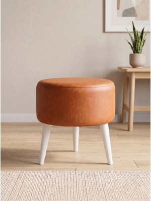 Azra Mobilya Modern Taba Deri Puf Tabure Ahşap Beyaz Ayaklı Yuvarlak Puf 40X42 cm