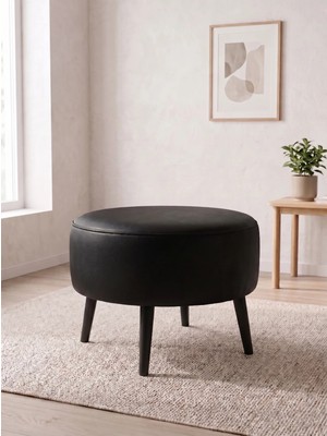 Azra Mobilya Modern Siyah Deri Puf Yuvarlak Oturma Pufu Ahşap Siyah Ayaklı Demonte 60X46 cm