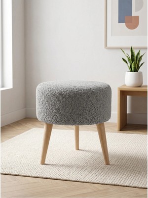 Azra Mobilya Açık Gri Welsoft Kumaş Yuvarlak Puf Ahşap Ayaklı Demonte Modern Puf Tabure 40X42 cm