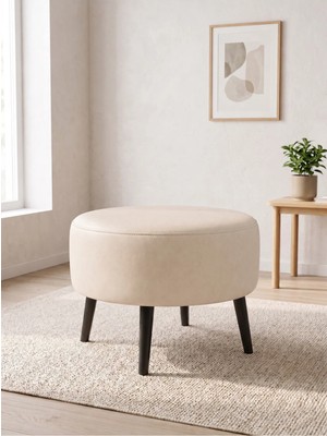 Azra Mobilya Modern Krem Deri Puf Yuvarlak Oturma Pufu Ahşap Siyah Ayaklı Demonte 60X46 cm