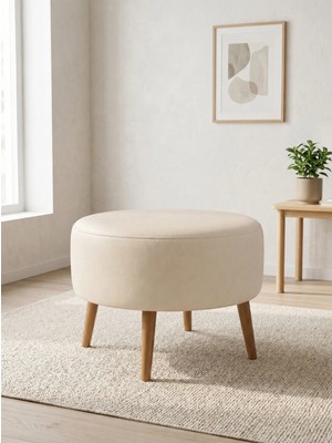 Azra Mobilya Modern Krem Deri Puf Yuvarlak Oturma Pufu Ahşap Ceviz Ayaklı Demonte 60X46 cm