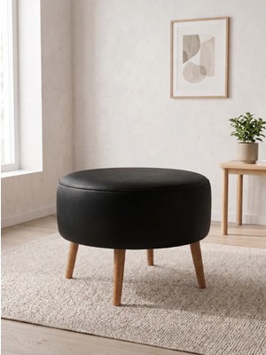 Azra Mobilya Modern Siyah Deri Puf Yuvarlak Oturma Pufu Ahşap Ceviz Ayaklı Demonte 60X46 cm