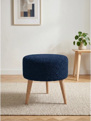 Azra Mobilya Mavi Welsoft Kumaş Yuvarlak Puf Ahşap Ayaklı Demonte Modern Puf Tabure 40X42 cm