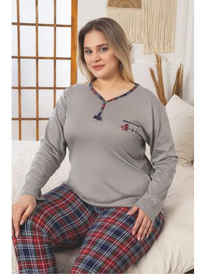 Asel Büyük Beden Uzun Kol Pamuklu Likralı Pijama Takımı