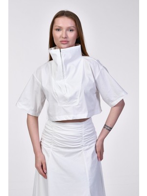 Bebe Plus Geometrik Dikiş Detaylı Beyaz Crop Bluz  - Beyaz Beyaz - S