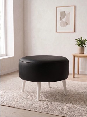 Azra Mobilya Modern Siyah Deri Puf Yuvarlak Oturma Pufu Ahşap Beyaz Ayaklı Demonte 60X46 cm