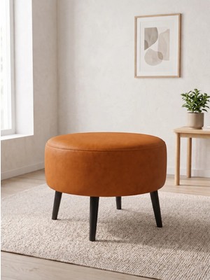 Azra Mobilya Modern Taba Deri Puf Yuvarlak Oturma Pufu Ahşap Siyah Ayaklı Demonte 60X46 cm