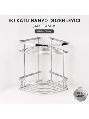 Badem10 Iki Katlı Krom Şampuanlık 18X18 cm Paslanmaz Banyo Rafı Duş Içi Köşe Düzenleyici Organizer