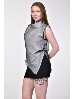 Kinzi Yüksek Yaka Organze Verev Bluz  - Siyah Siyah - Xl