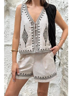 Neşeli Butik Kadın Bej Keten Kumaş Nakış Detaylı Yelek Şort Ikili Yazlık Takım NBNP032