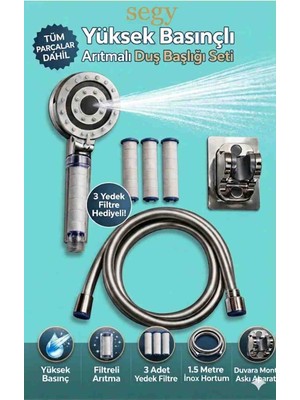 Segy Home Filtreli Duş Başlığı Seti | 5 Fonksiyonlu Yüksek Basınçlı | Patlamaz Kırılmaz Pvc Duş Hortumu | Duvar Aparatı | 3 Yedek Filtre