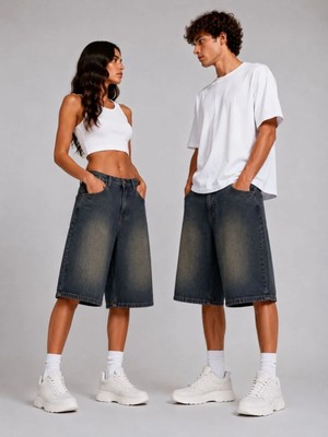 St.Poll Eskitme Yıkama Unisex Baggy Denim Şort