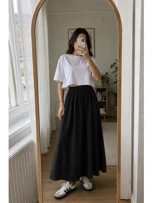 Luxina Kadın Siyah Poplin Kumaş Uzun Etek Beli Lastikli Günlük Maxi Etek 90 cm