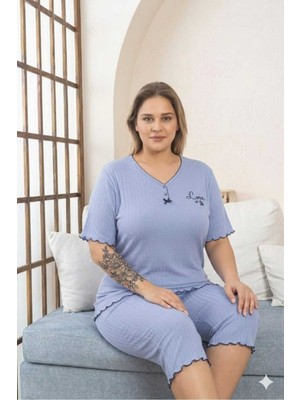Asel Büyük Beden Kısa Kol Kapri Pamuklu Likralı Pijama Takımı