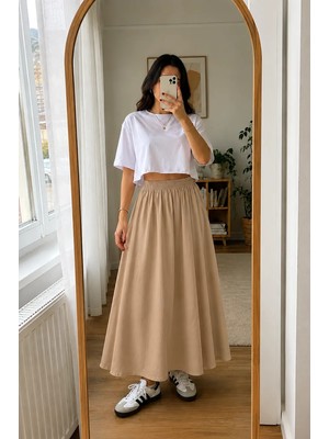 Luxina Kadın Bej Poplin Kumaş Uzun Etek Beli Lastikli Günlük Maxi Etek 90 cm