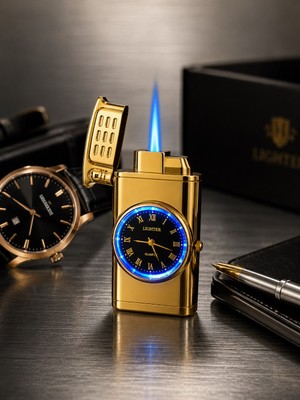 Biton Toptan Saatli Gazlı Çakmak Gold – LED Işıklı Turbo Alevli - Dolu Gönderim - Premium Hediye - Altın Rengi